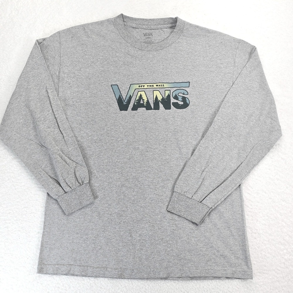 Vans Mens Large Long Sleeve Graphic T-Shirt Gray Off The Wall Forest Trees Tee